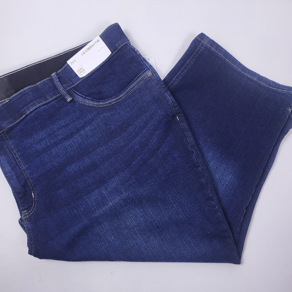 Liz Claiborne Sara Crop Mid Rise Jeans Womens 26W Blue Dark‎ Rinse Denim Zip NEW